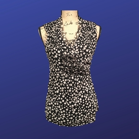 INC INTERNATIONAL CONCEPTS Surplice MESH Wrap Top BLACK/CREAM DOTS, Size M, NWOT - Picture 1 of 8